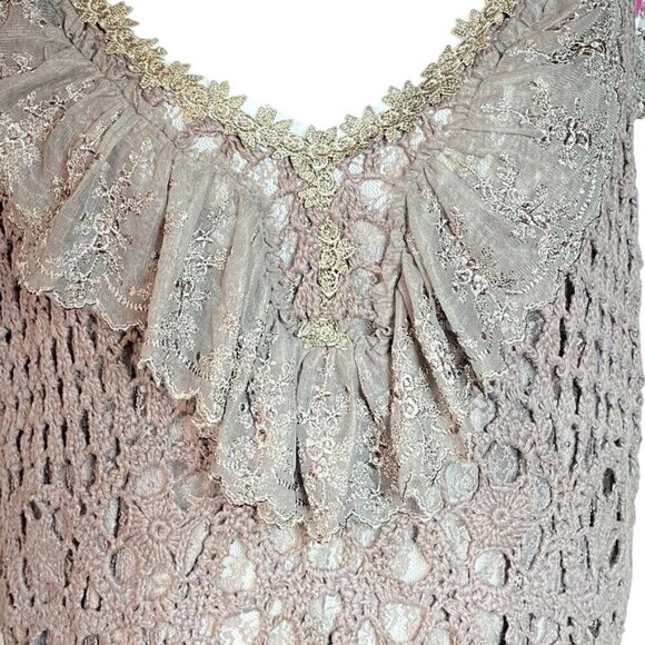 Crochet Sleeveless Top 1X Deep Taupe/Mocha With Intricate Floral Accents At Neck - Picture 3 of 10